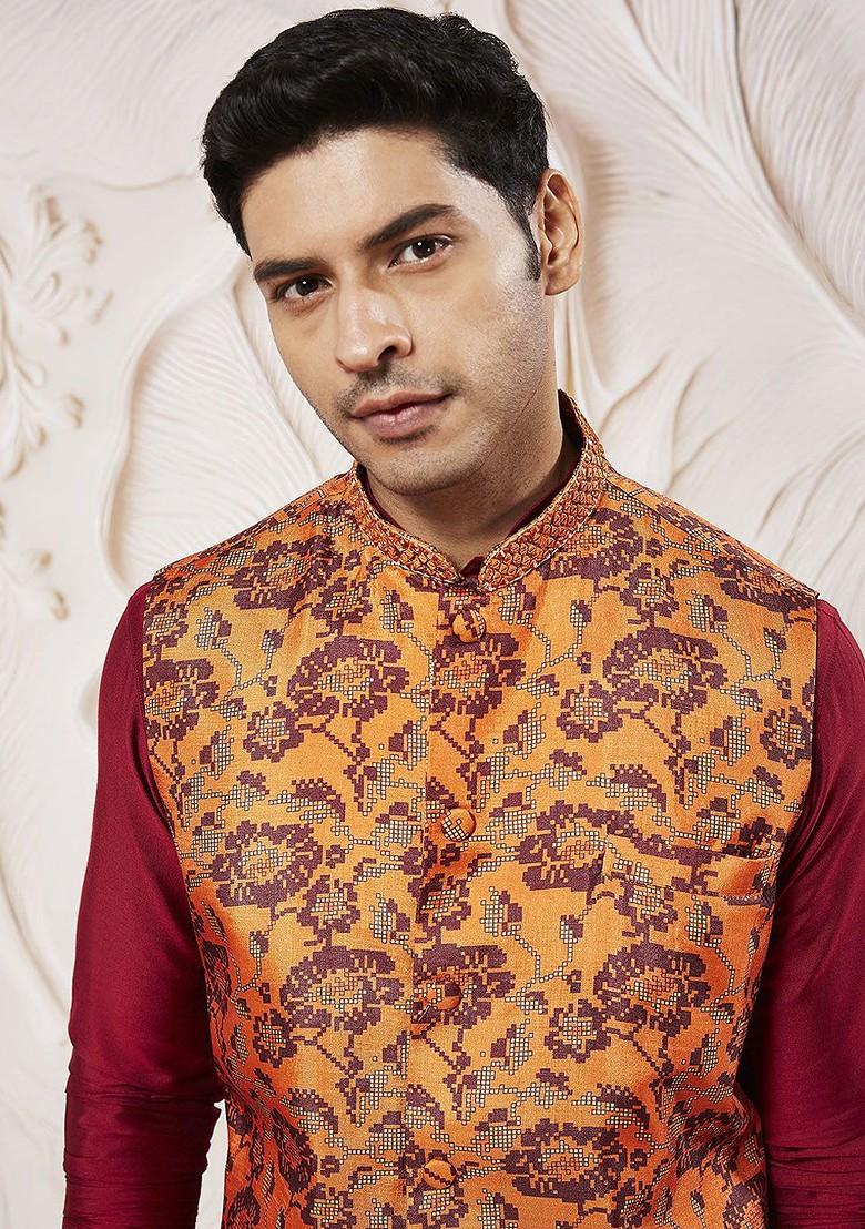 Rust Printed Poly Blend Kurta Set For Men