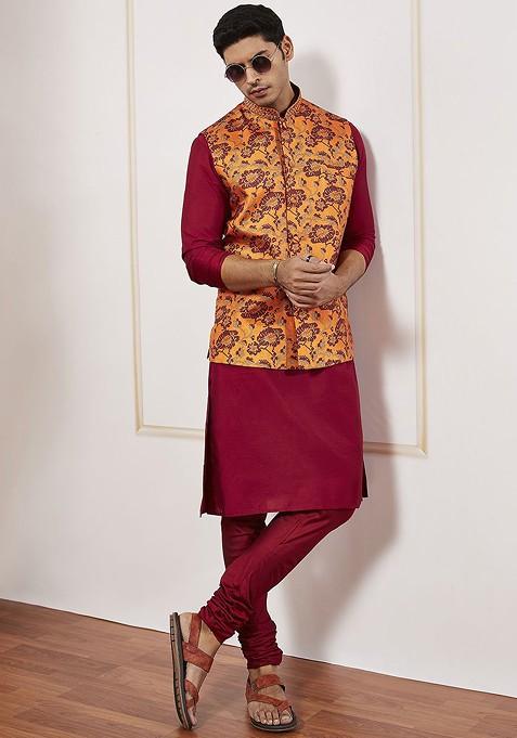 Rust Printed Poly Blend Kurta Set For Men — view on Indya