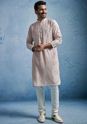 Peach Embroidered Poly Blend Kurta Set For Men