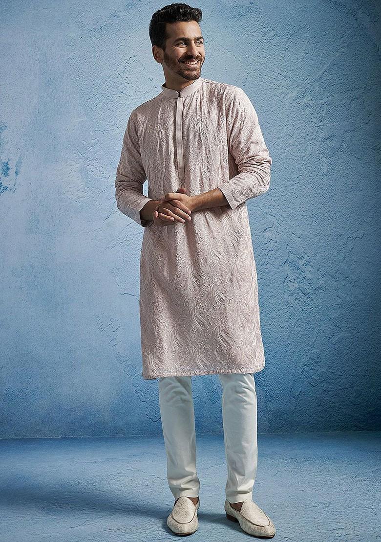 Peach Embroidered Poly Blend Kurta Set For Men