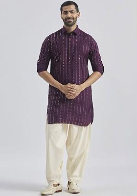 Purple Printed Poly Blend Kurta Set For Men