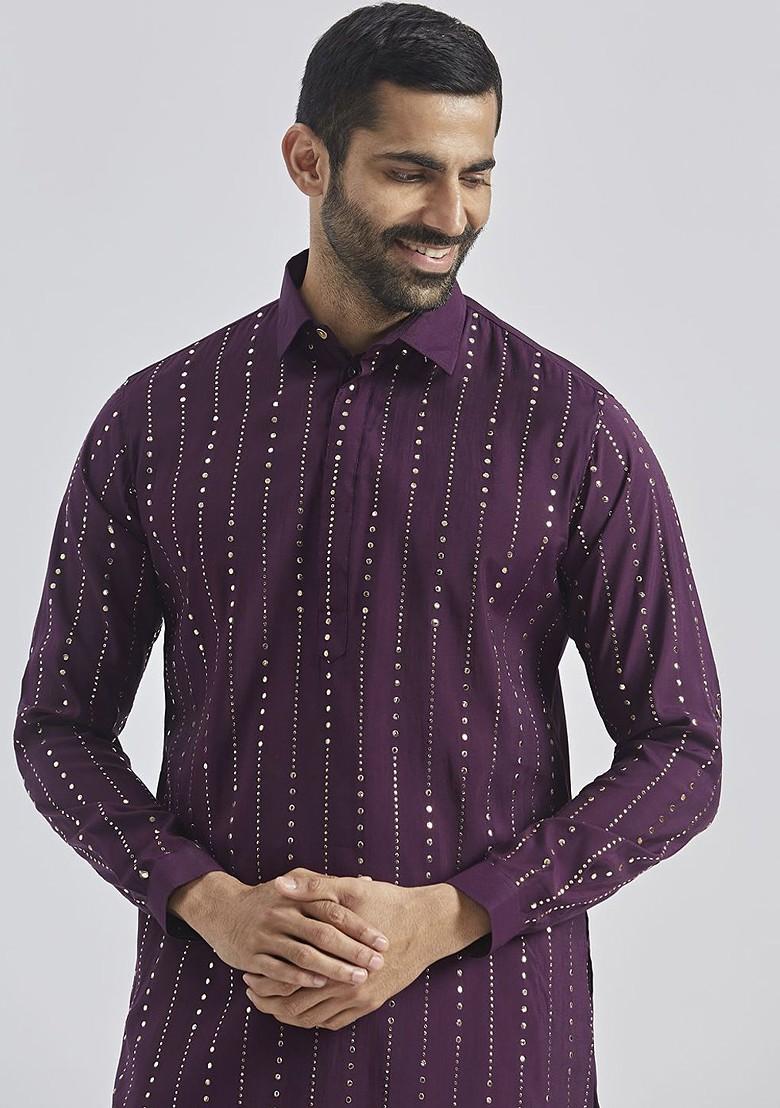 Purple Printed Poly Blend Kurta Set For Men