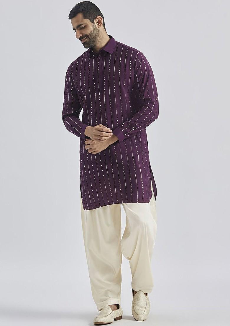 Purple Printed Poly Blend Kurta Set For Men
