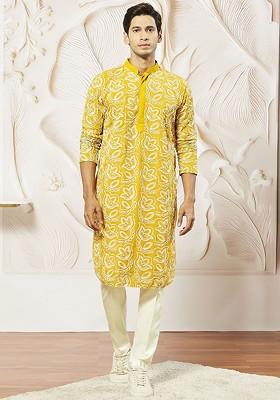 Mustard Floral Print Poly Blend Kurta Set For Men