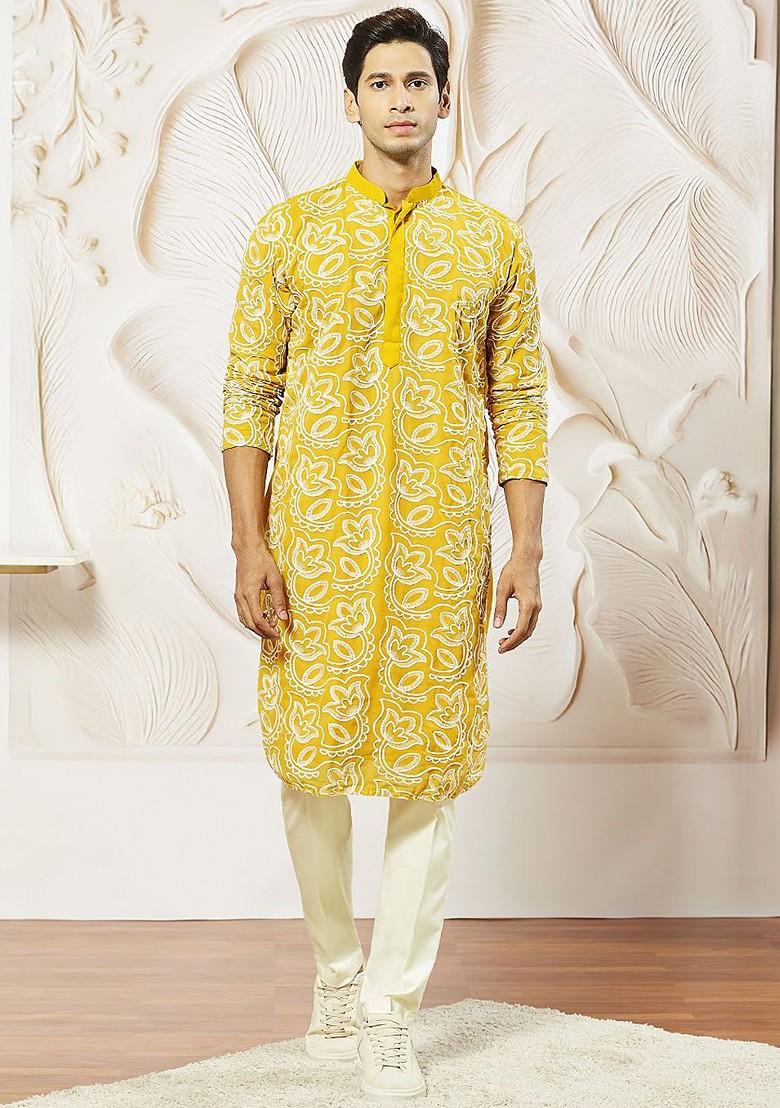 Mustard Floral Print Poly Blend Kurta Set For Men