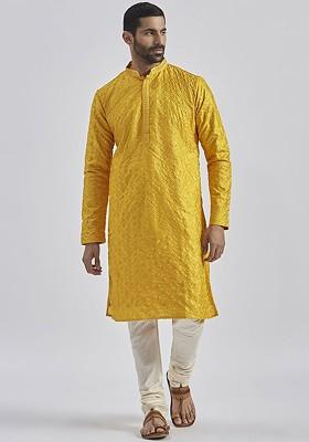 Yellow Floral Print Poly Blend Kurta Set For Men