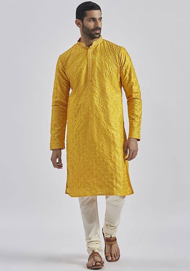 Yellow Floral Print Poly Blend Kurta Set For Men