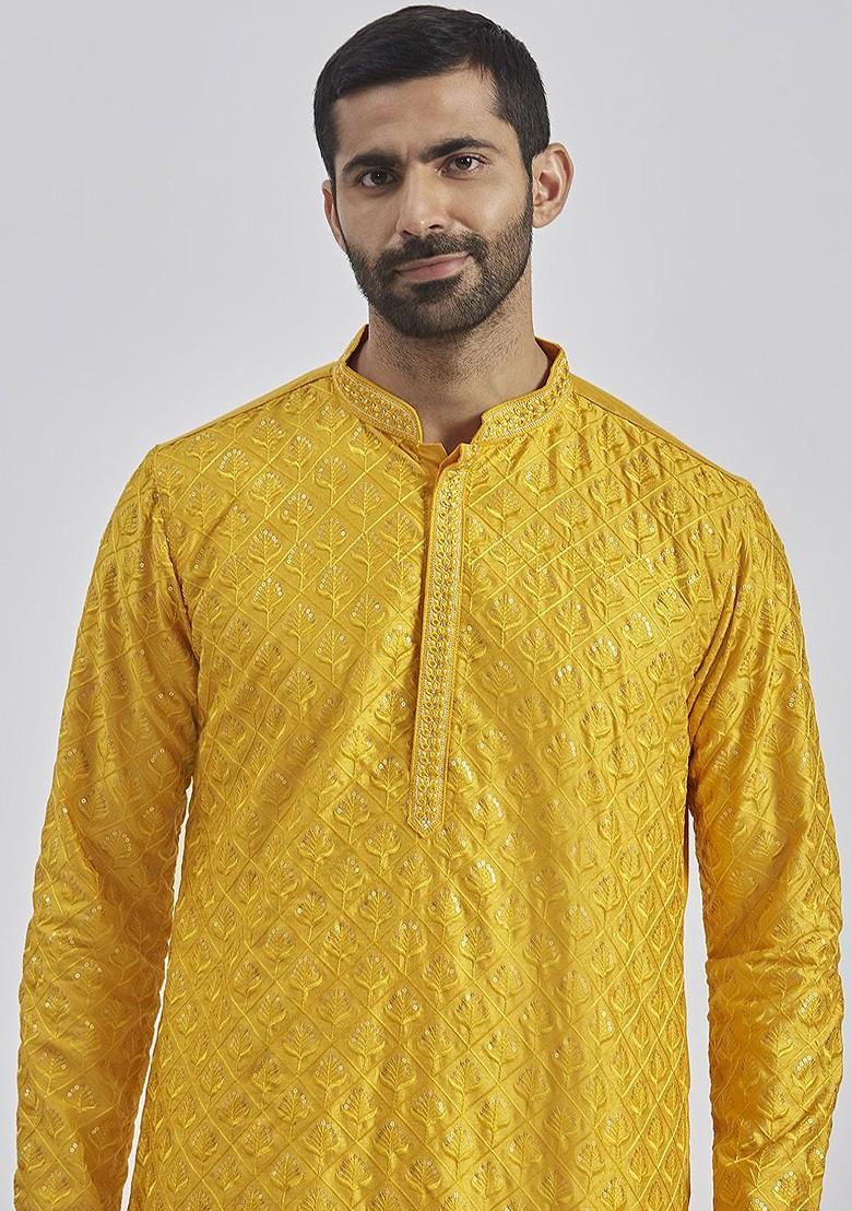 Yellow Floral Print Poly Blend Kurta Set For Men