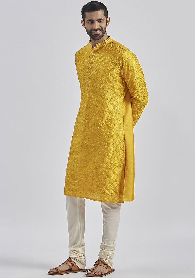 Yellow Floral Print Poly Blend Kurta Set For Men