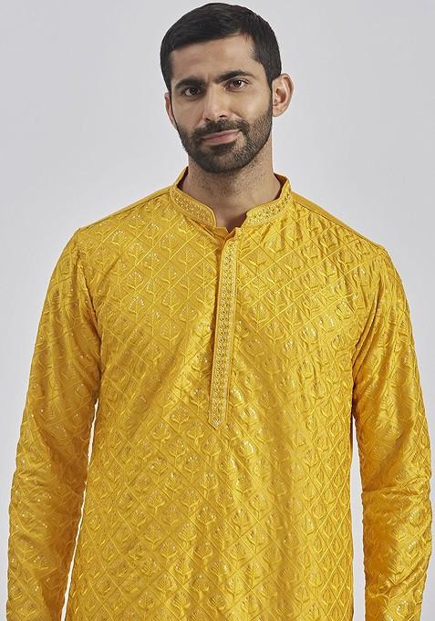 Yellow Floral Print Poly Blend Kurta Set For Men