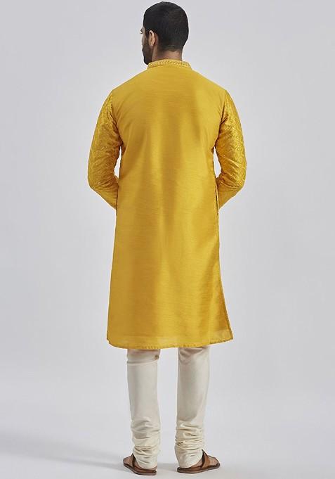 Yellow Floral Print Poly Blend Kurta Set For Men