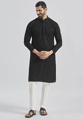Black Floral Print Chiffon Kurta Set For Men