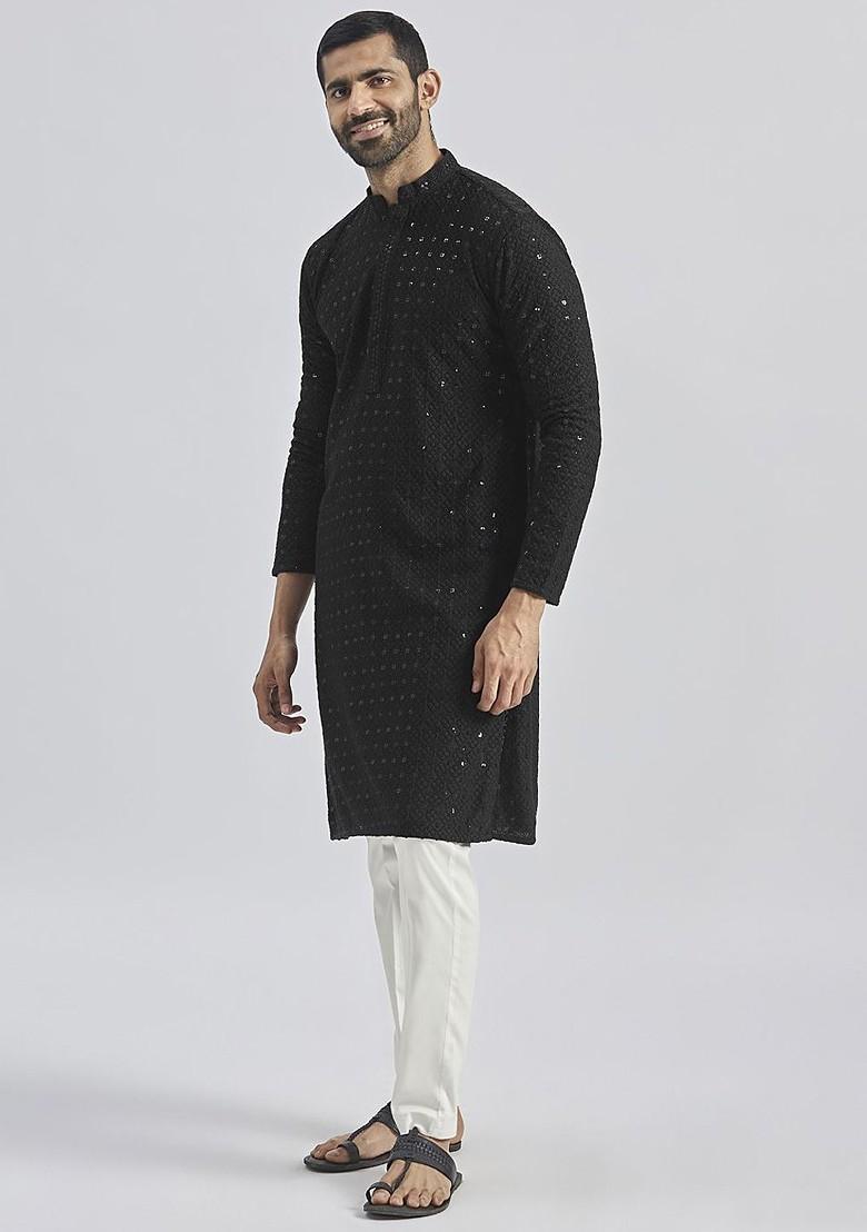 Black Floral Print Chiffon Kurta Set For Men