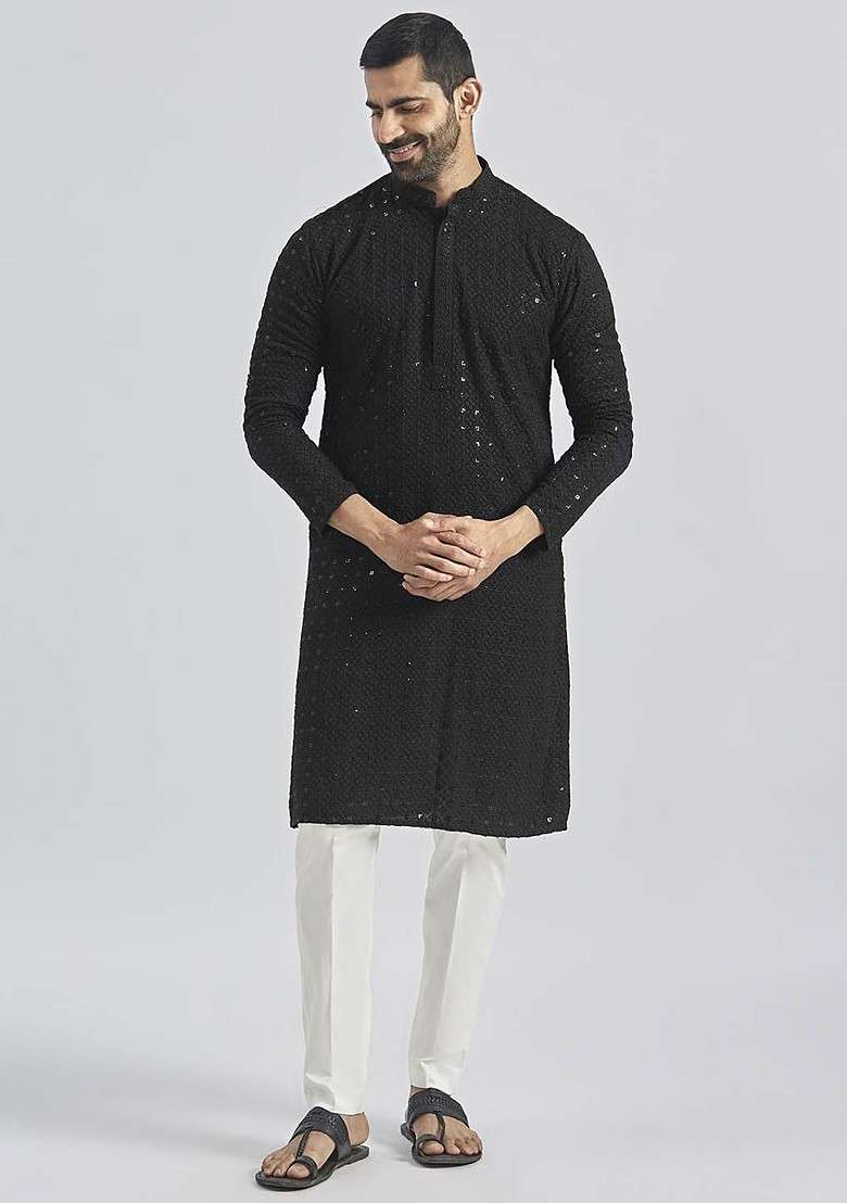 Black Floral Print Chiffon Kurta Set For Men - Indya