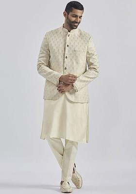 Cream Solid Jacquard Kurta Set For Men