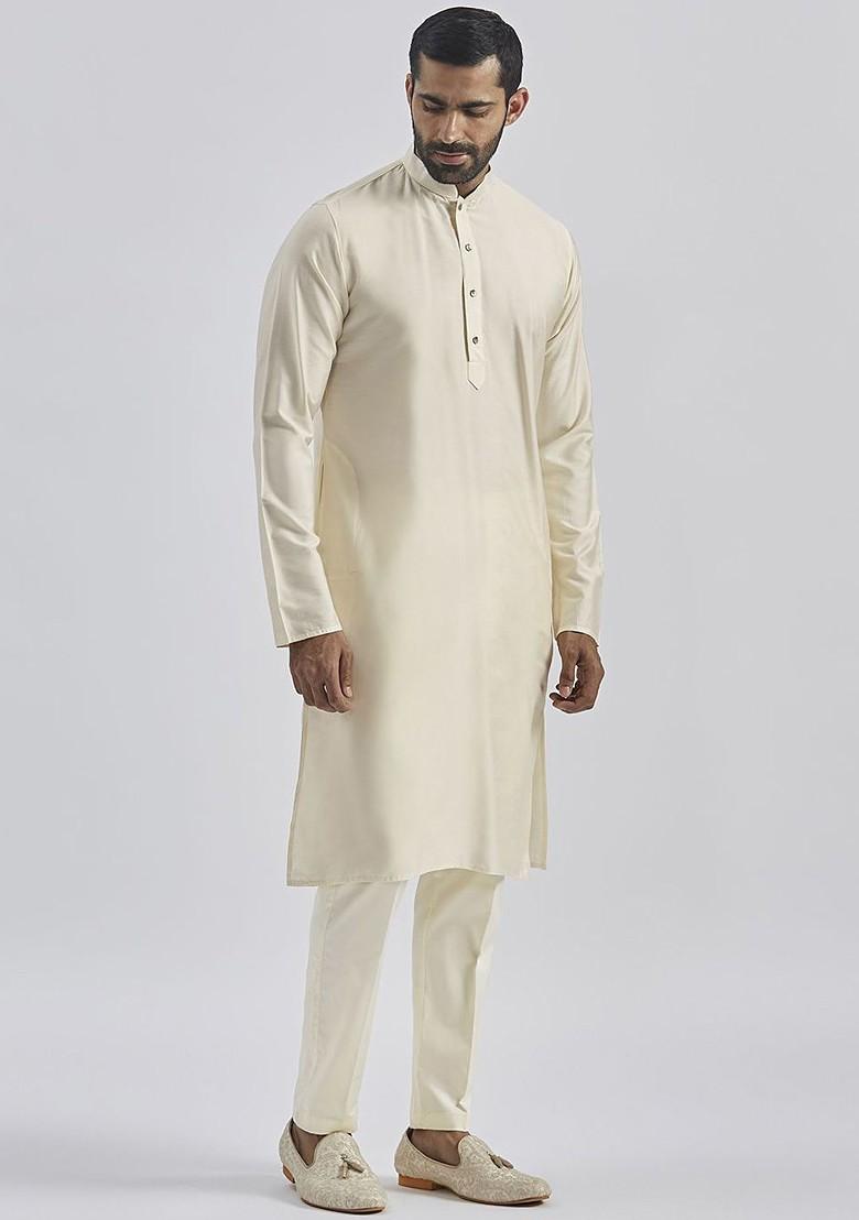 Cream Solid Jacquard Kurta Set For Men