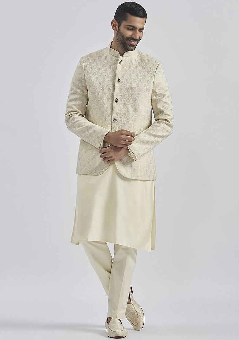Cream Solid Jacquard Kurta Set For Men