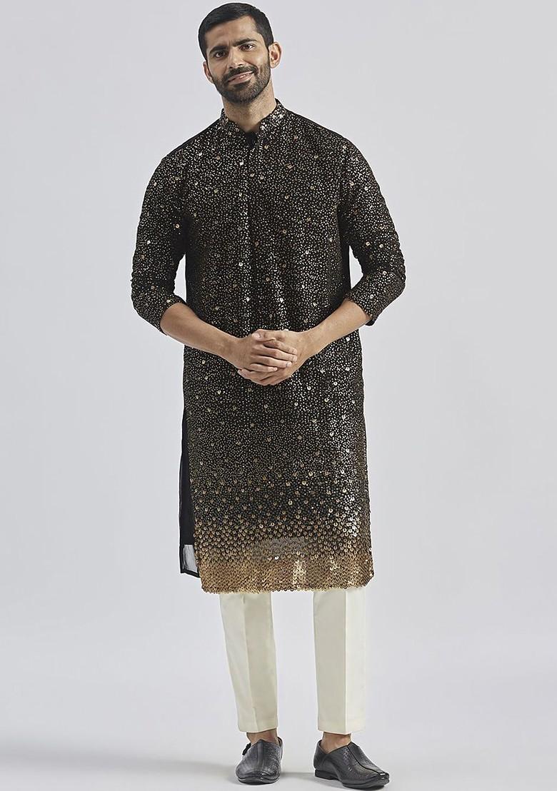 Black Floral Print Georgette Kurta Set For Men