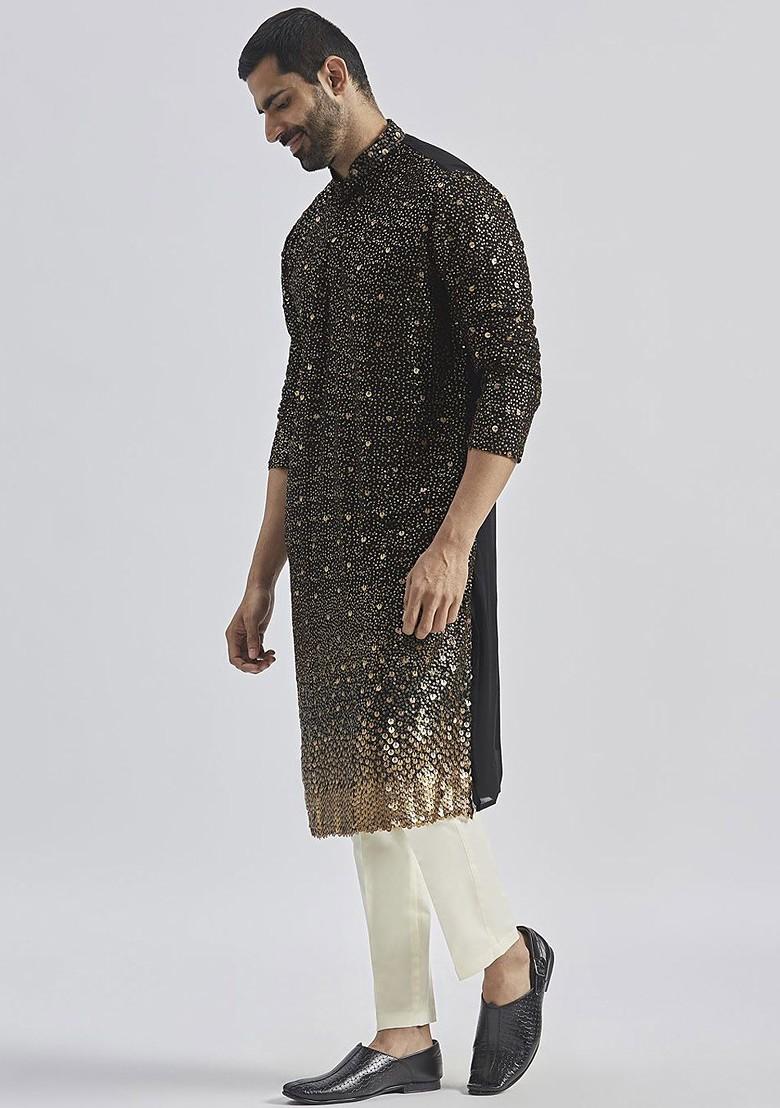 Black Floral Print Georgette Kurta Set For Men