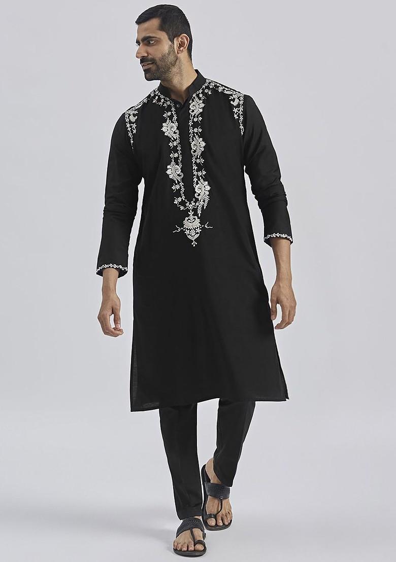 Black Floral Print Poly Blend Kurta Set For Men