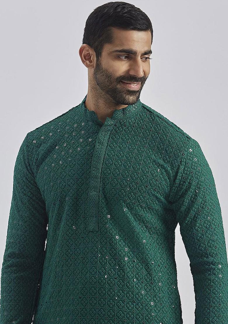 Green Floral Print Chiffon Kurta Set For Men