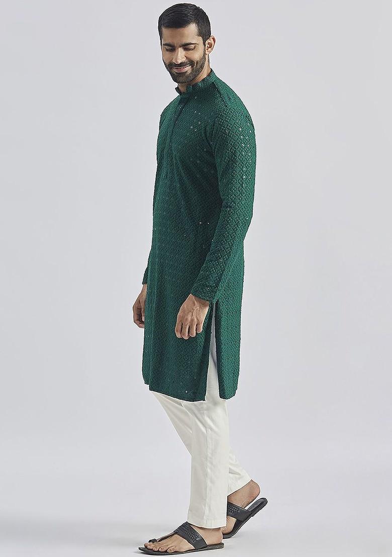Green Floral Print Chiffon Kurta Set For Men