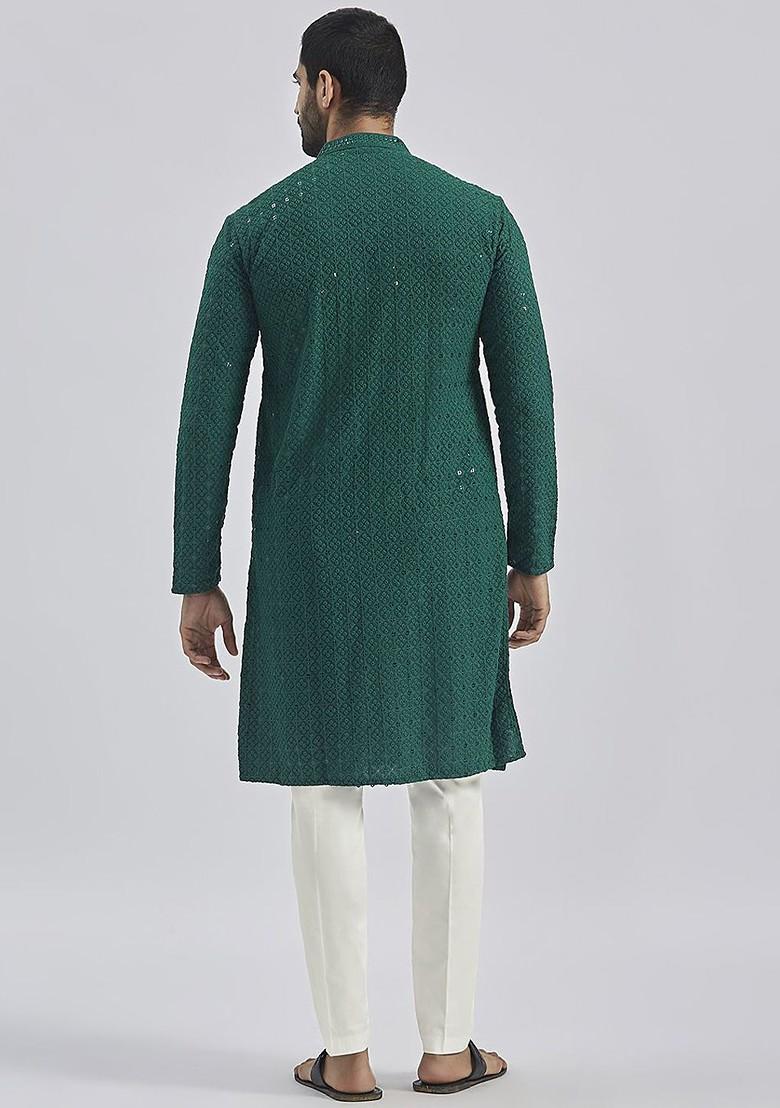 Green Floral Print Chiffon Kurta Set For Men