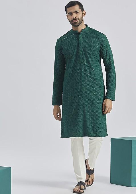 Green Floral Print Chiffon Kurta Set For Men