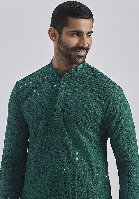 Green Floral Print Chiffon Kurta Set For Men