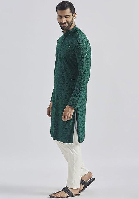 Green Floral Print Chiffon Kurta Set For Men
