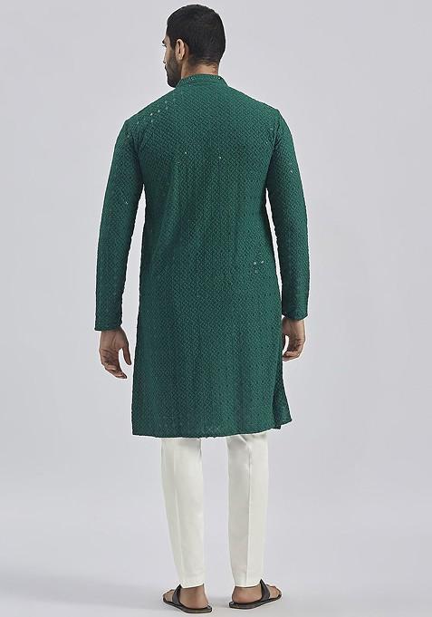 Green Floral Print Chiffon Kurta Set For Men