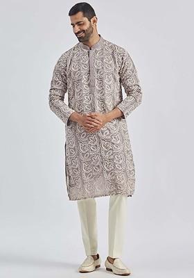 Lavender Floral Print Georgette Kurta Set For Men