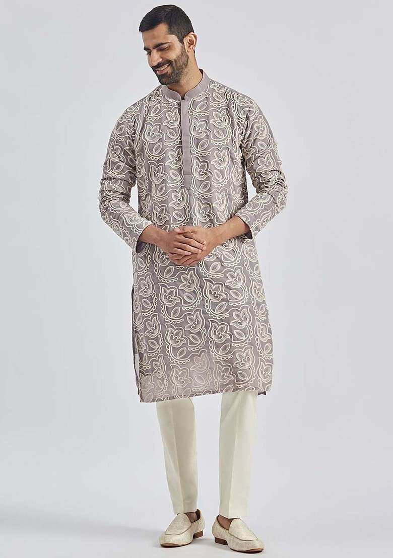 Lavender Floral Print Georgette Kurta Set For Men - Indya