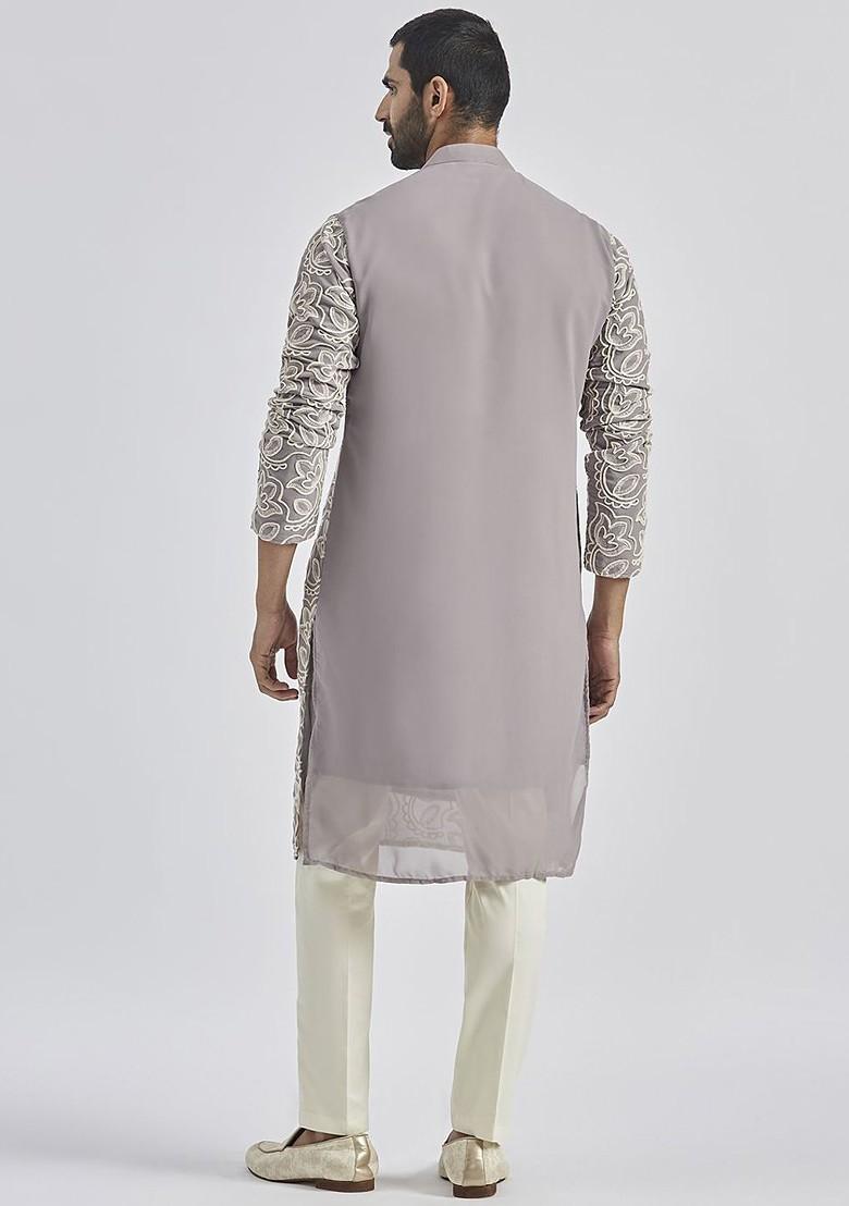 Lavender Floral Print Georgette Kurta Set For Men