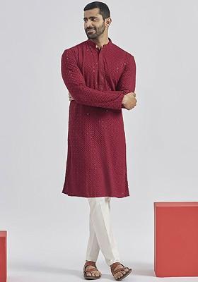 Maroon Floral Print Chiffon Kurta Set For Men