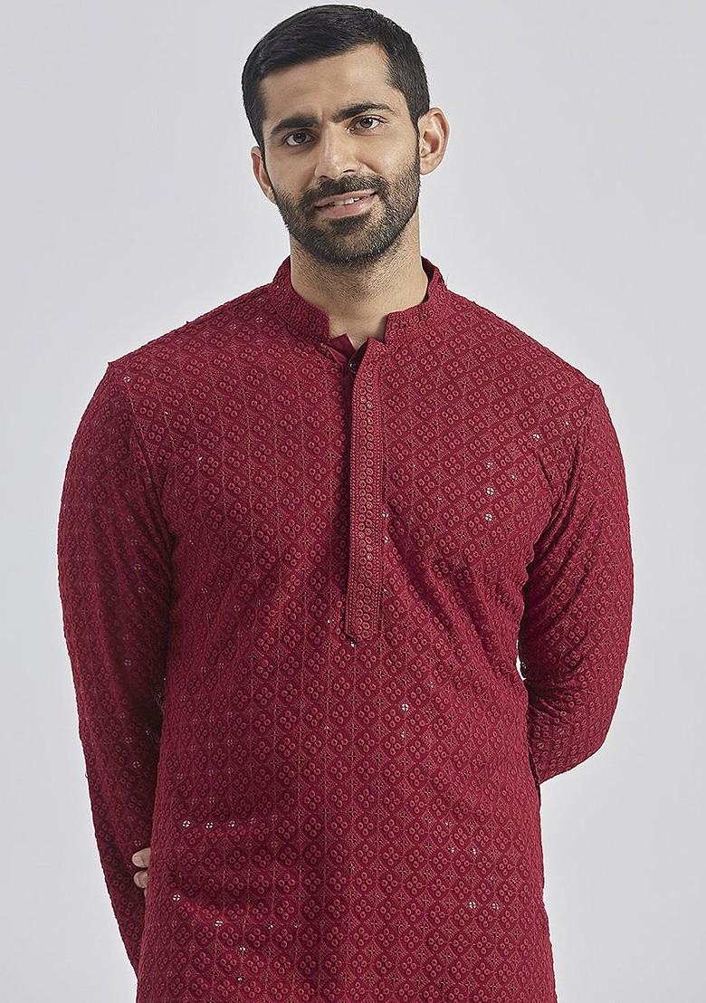 Maroon Floral Print Chiffon Kurta Set For Men