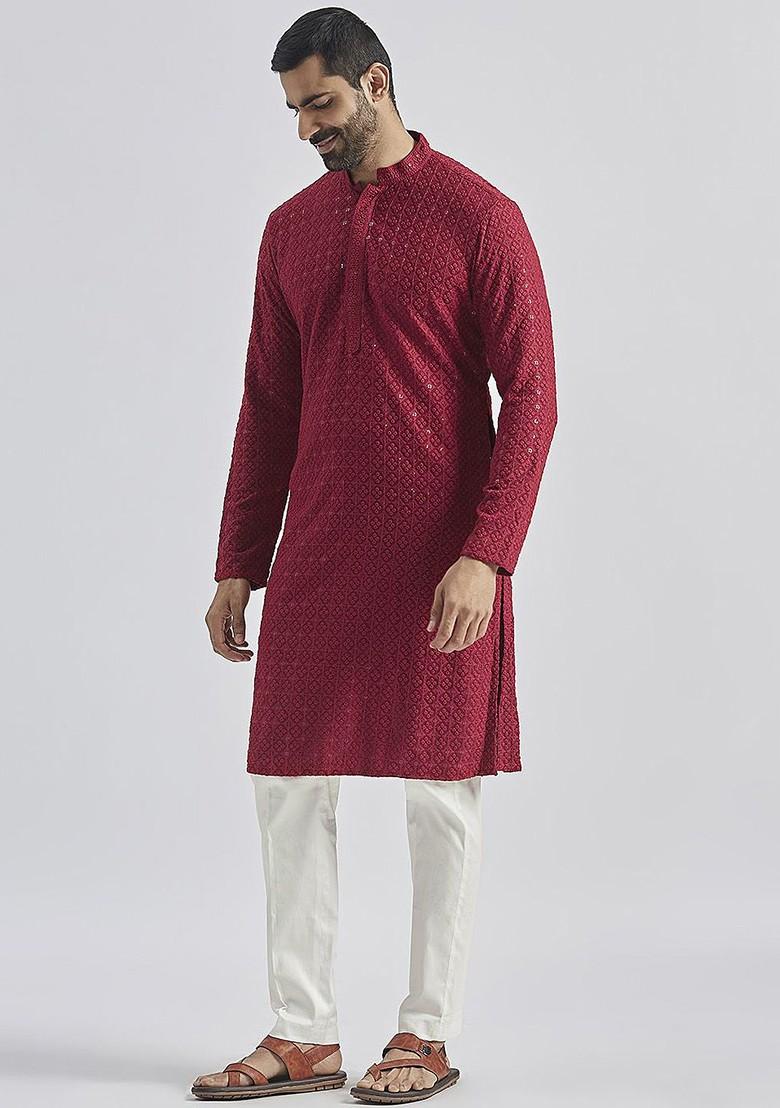 Maroon Floral Print Chiffon Kurta Set For Men