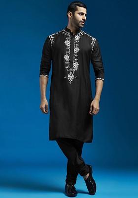Black Floral Print Poly Blend Kurta Set For Men