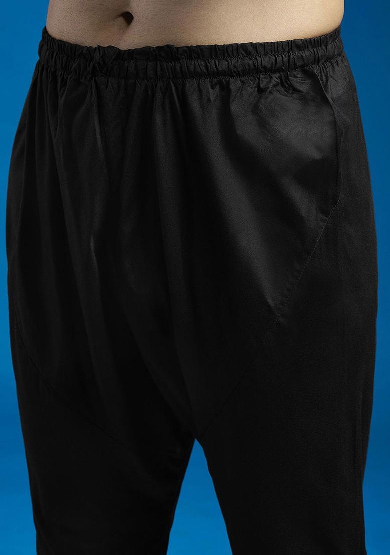 Black Floral Print Poly Blend Kurta Set For Men