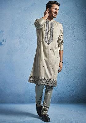 Beige Embroidered Poly Blend Kurta Set For Men