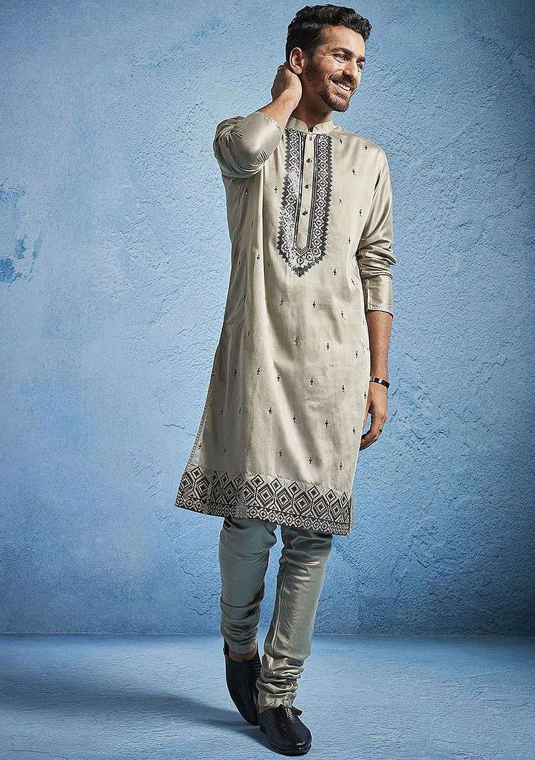 Beige Embroidered Poly Blend Kurta Set For Men - Indya