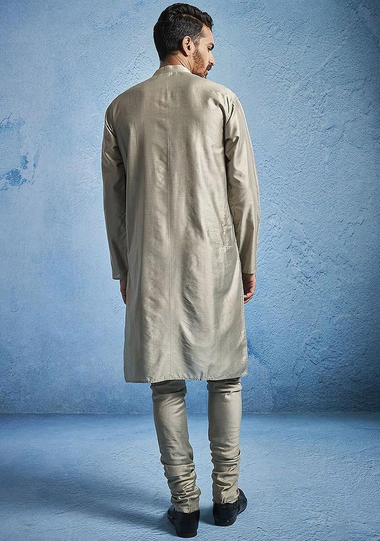Beige Embroidered Poly Blend Kurta Set For Men