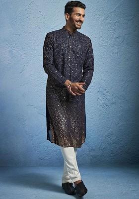 Navy Blue Embroidered Poly Blend Kurta Set For Men