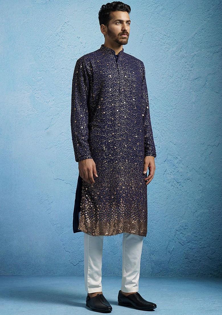Navy Blue Embroidered Poly Blend Kurta Set For Men