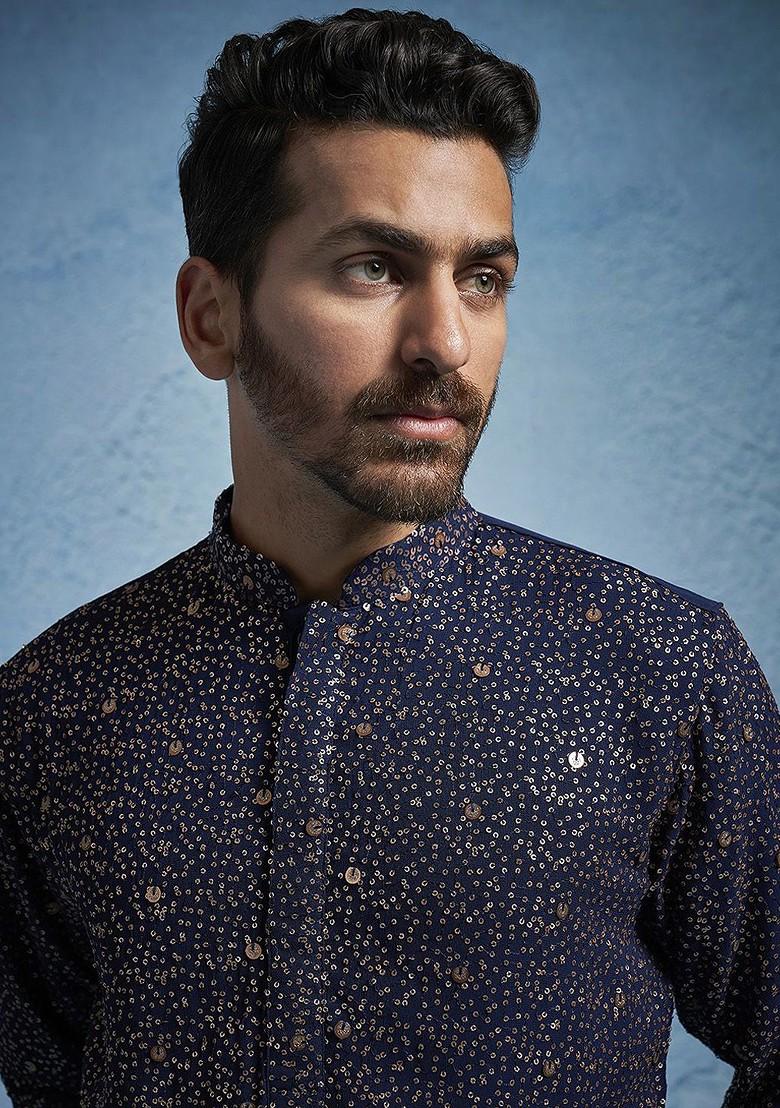 Navy Blue Embroidered Poly Blend Kurta Set For Men