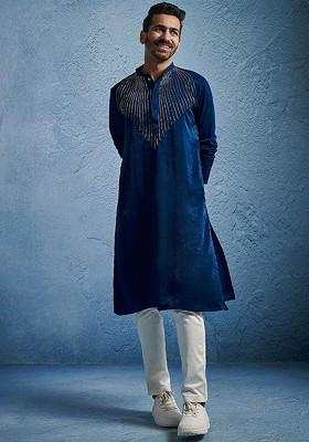 Turquoise Blue Embroidered Poly Blend Kurta Set For Men