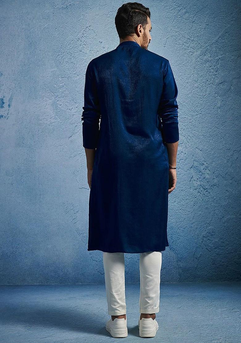 Turquoise Blue Embroidered Poly Blend Kurta Set For Men
