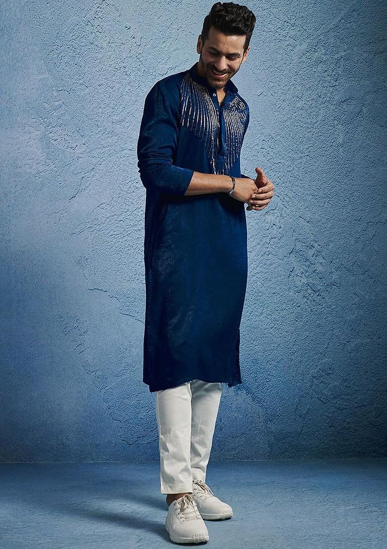 Turquoise Blue Embroidered Poly Blend Kurta Set For Men