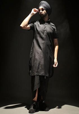 Black Solid Poly Blend Kurta Set For Men