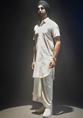 White Embroidered Poly Blend Kurta Set For Men